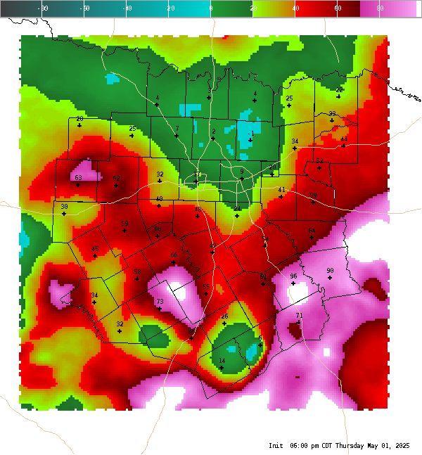 Automatically generated image showing areas of the convective interest parameter.