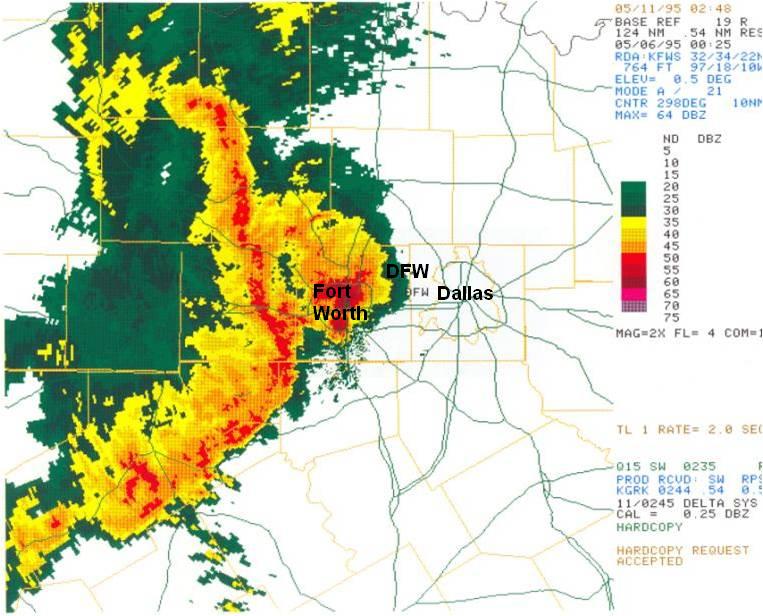 At 7:25pm, the
            Mayfest supercell storm was affecting much of the city of Fort Worth.
            The squall line to the west of the supercell storm was moving rapidly
            east and would eventually merge with the supercell. The resulting
            cluster of severe storms would later move into Dallas County.