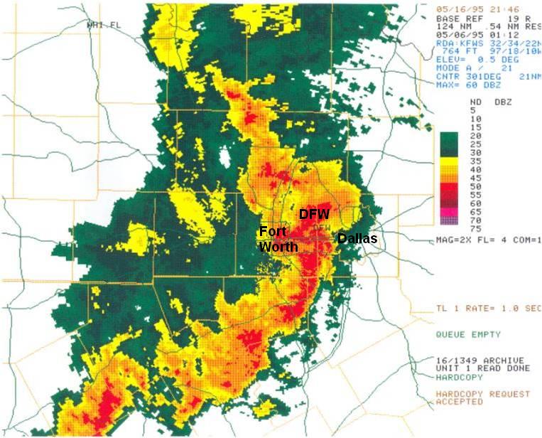 At 8:12pm, the
            large, intense cluster of storms was beginning to move east of Fort
            Worth, but was affecting DFW Airport and the western side of the city of
            Dallas. Two inch diameter hailstones and wind gusts up to 70 mph were
            reported just east of DFW Airport.