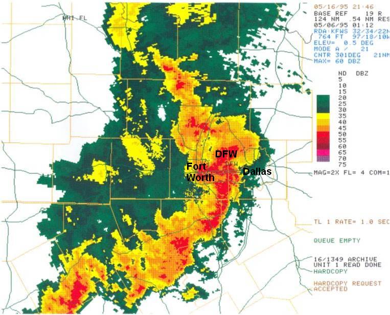 At 8:12pm, the
            large, intense cluster of storms was beginning to move east of Fort
            Worth, but was affecting DFW Airport and the western side of the city of
            Dallas. Two inch diameter hailstones and wind gusts up to 70 mph were
            reported just east of DFW Airport.