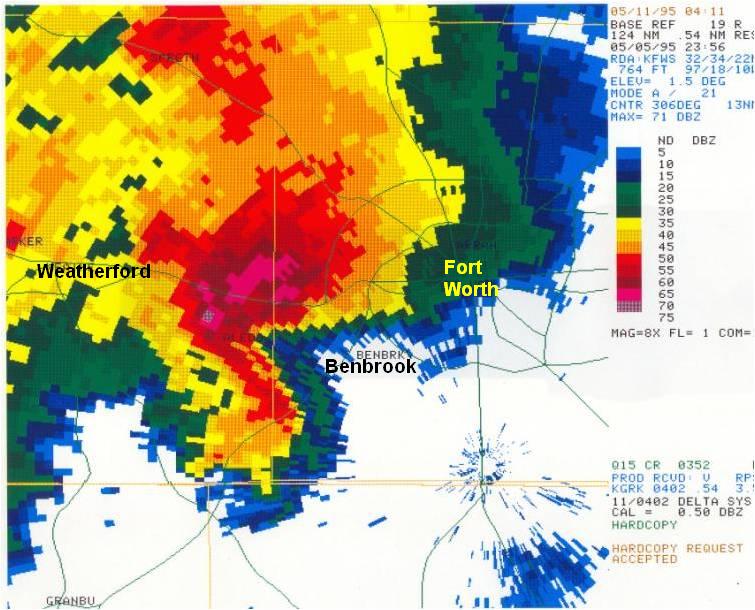 Radar imagery
            from 6:56pm shows a close-up of the Mayfest supercell centered west of
            Benbrook. The pink and darkest red colors represent radar indications of
            large hail with this storm. The storm impacted the Mayfest festival at
            7:10pm.