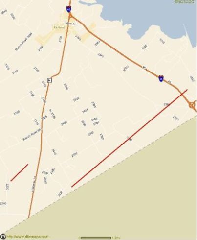 Red lines indicate tornado paths between the community of Richland and the Freestone County Line: