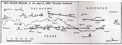 Map of tornadoes that swept across North Texas, Southeast Oklahoma and Southwest Arkansas. Serveral long track tornadoes are indicated just north and south of the Red River, with the tracks moving from west to east.