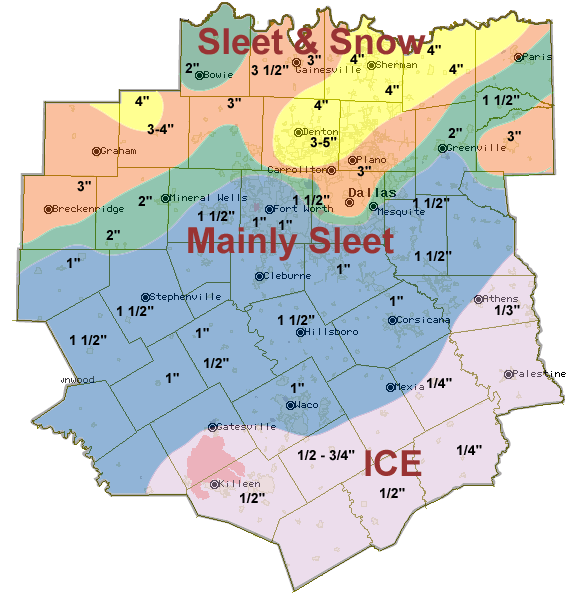 A major sleet and ice storm swept across North Texas on February 24th, 2003. This map shows ice accumulations from 1/3" to 3/4" across areas south of a line from Athens to Killeen. Areas north of this line experienced sleet and snow accumlations from 1/2" to near 5" inches. Most of the precipitation fell as sleet.