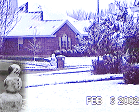 Northern Tarrant County picture of a snowman, with houses and grass covered with snow.