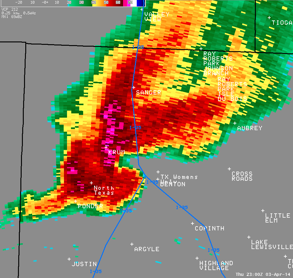 Radar data from Ft. Worth. Strong storm over Denton.