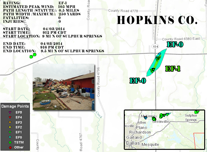 Tornado Damage Map in Hopkins County, North of Sulphur Springs