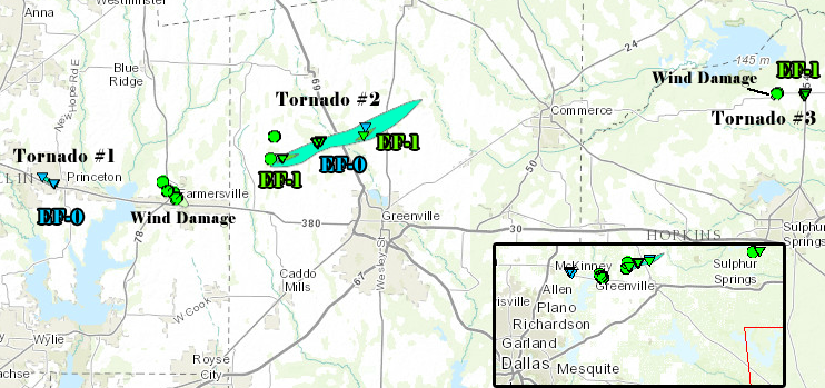 Map showing location of three tornadoes that moved across N. Texas on April 3rd