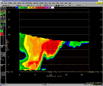 Radar cross section through storm that procueded tornado in Haltom City and Ft. Worth.