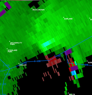 radar velocity picture showing circulation in eastern Dallas