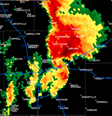 Radar Picture showing tornadic hook signature in east Dallas.