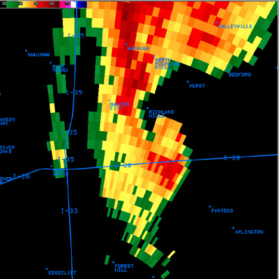 radar picture showing tornadic signature over Haltom City.