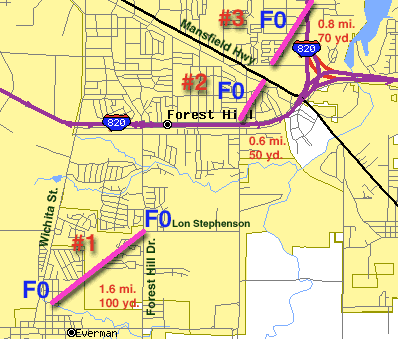 Tarrant County Tornado Track Map from April 16, 2002. This is a close up map.