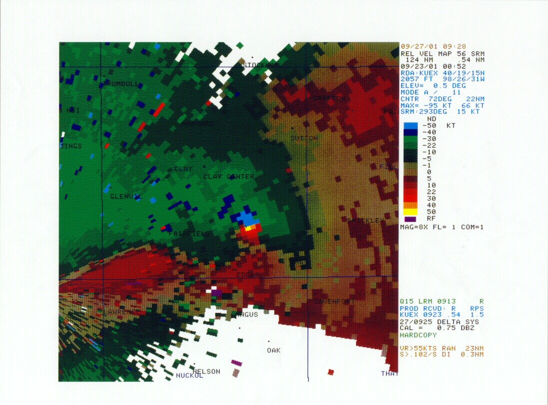 WSR-88D Velocity Image of Tornadic Thunderstorm 9/22/01 752 pm CDT
