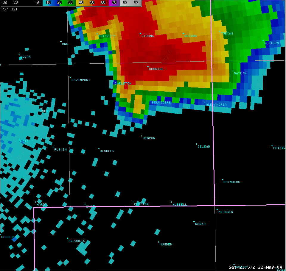 06:57 pm CDT Thayer County 0.5 Degree Reflectivity