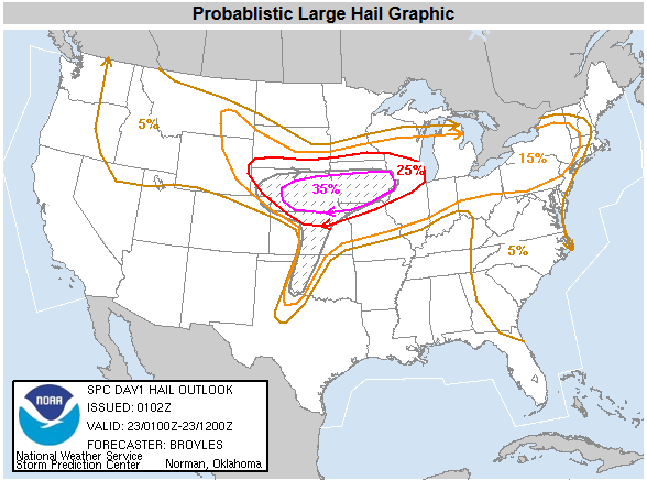 SPC Probablistic Hail Graphic for the evening and overnight hours of May 22nd, 2004.