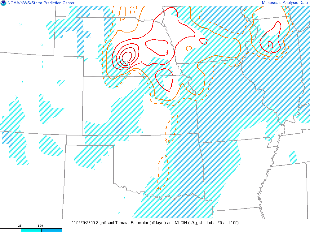 Analysis of derived "Significant Tornado Parameter" valid 5 PM June 20th