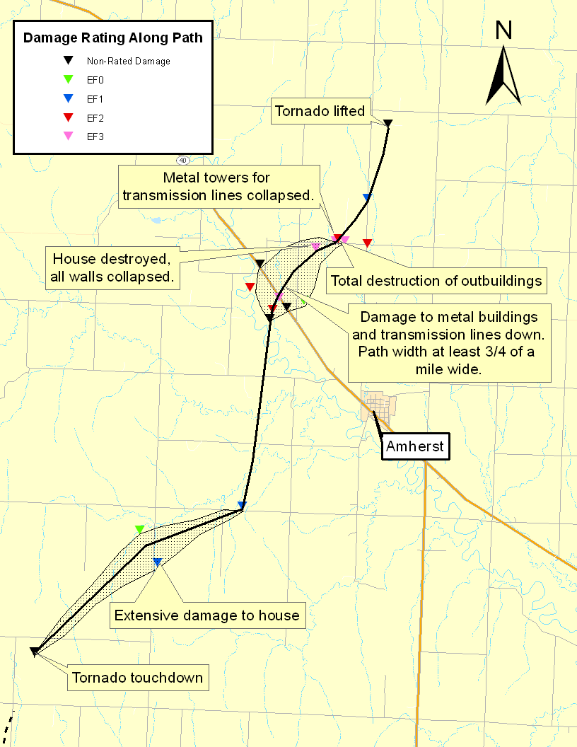 Storm damage survey map and track of the Amherst tornado.