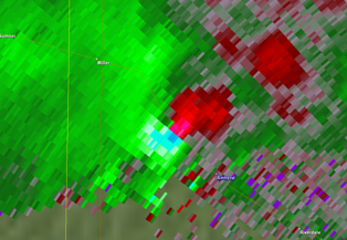 KUEX radar storm relative velocity signature approximately  4 miles north of Amherst at 426 pm CDT.
