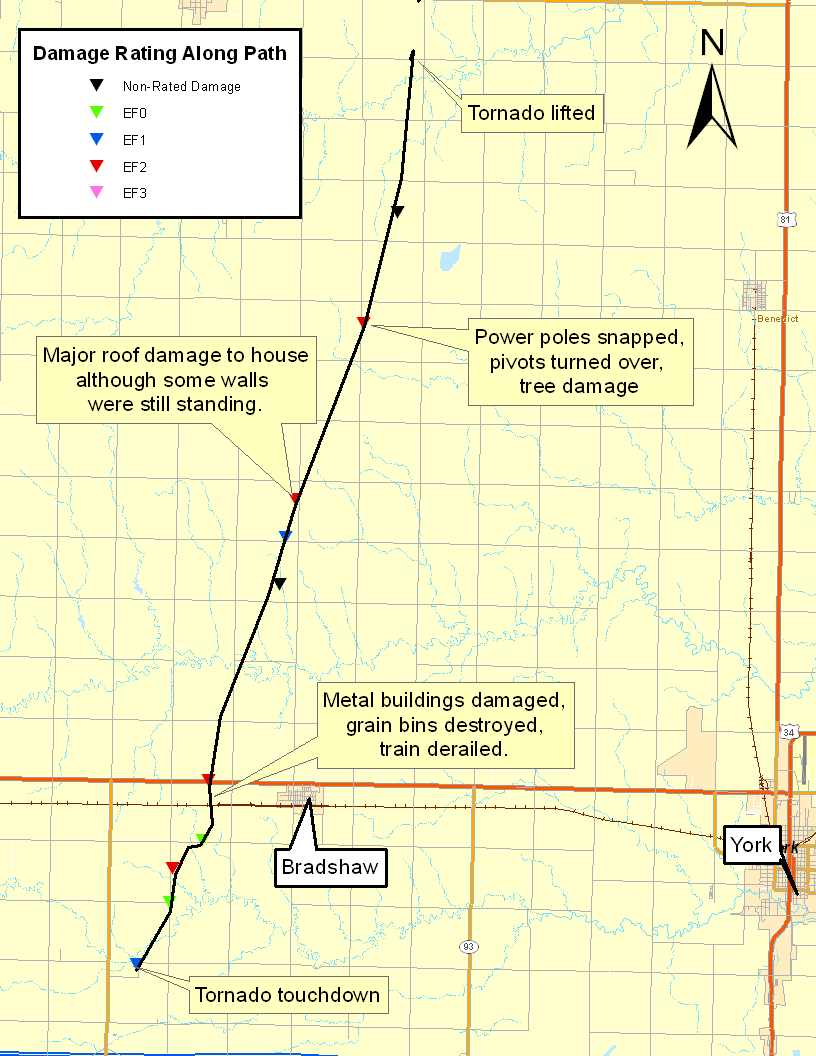 Storm damage survey map and track of the Bradshaw tornado.
