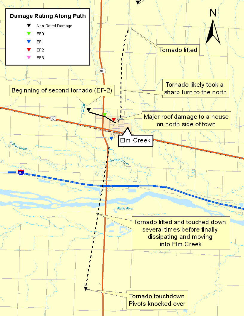 Storm damage survey map and track of Elm Creek tornado. The EF2 tornado began just west of Elm Creek (beginning of 2nd tornado) and continued through the town of Elm Creek, then north.