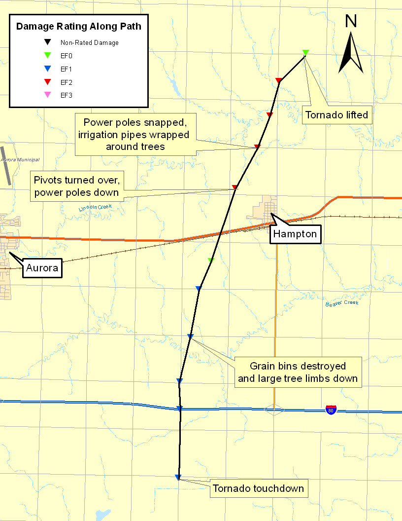 Storm damage survey map and track of the Hampton tornado.