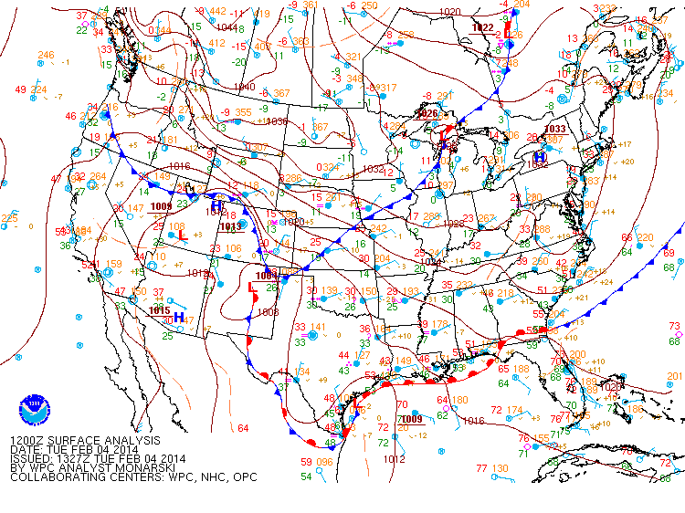 Surface map at 6 am Tuesday, February 4, 2014.