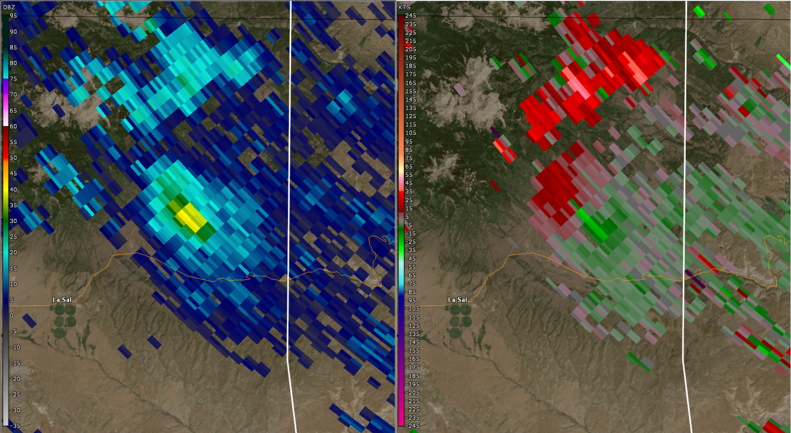 Radar reflectivity and velocity image