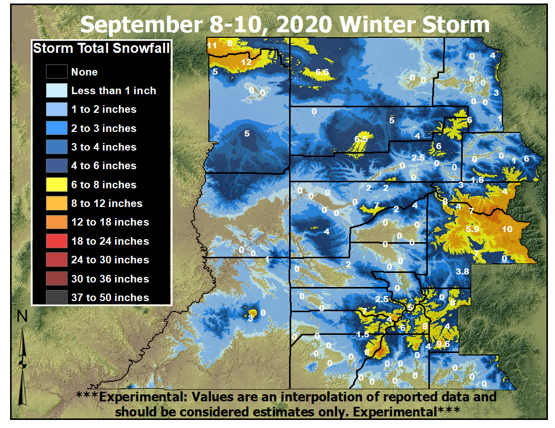 September 8-10, 2020 Winter Storm Snowfall Map