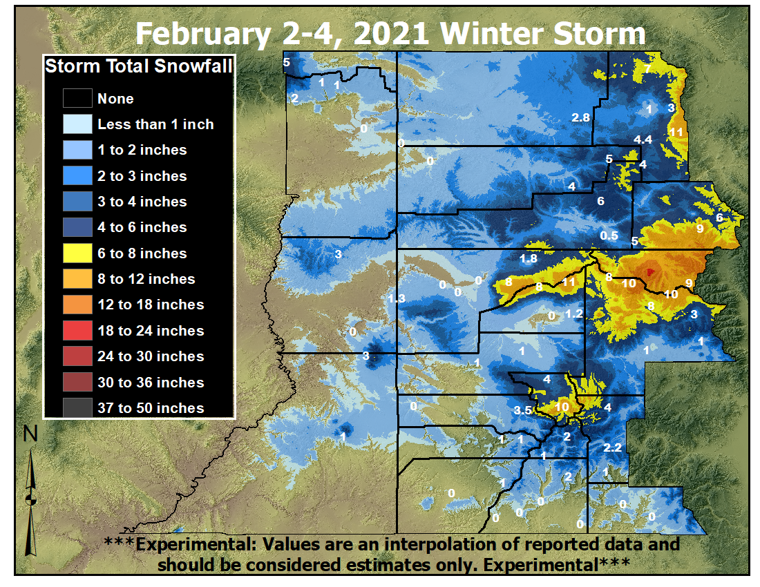 February 2-4, 2021 Winter Storm Snowfall Map