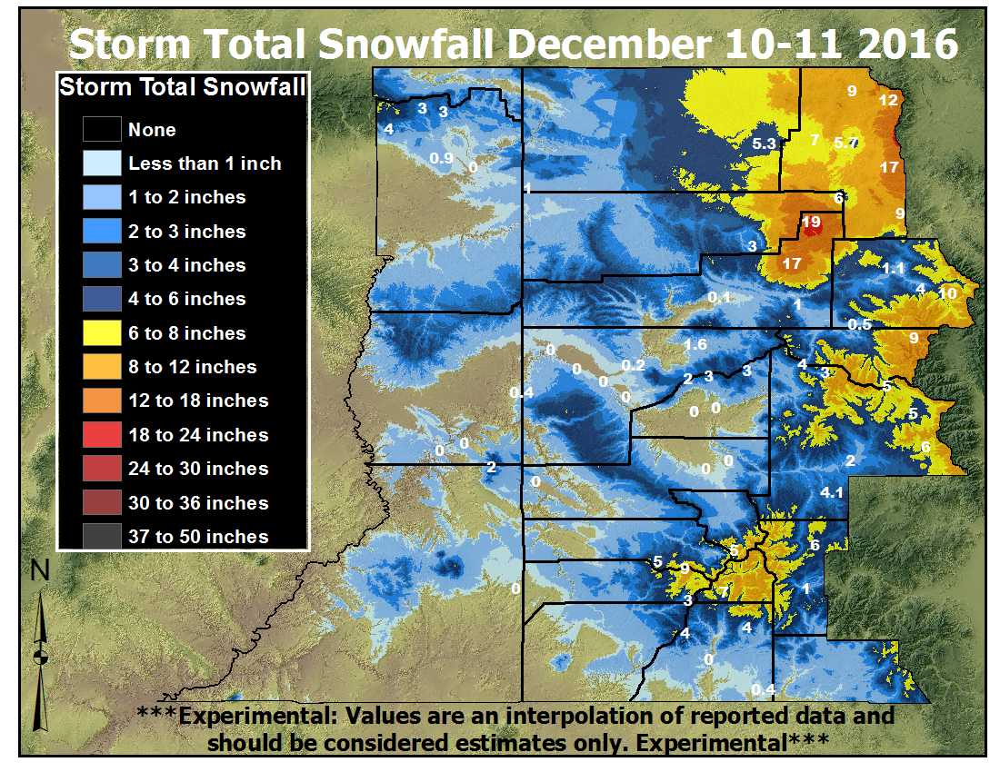 Map of the Storm Total snowfall from Dec 10 through 11, 2016