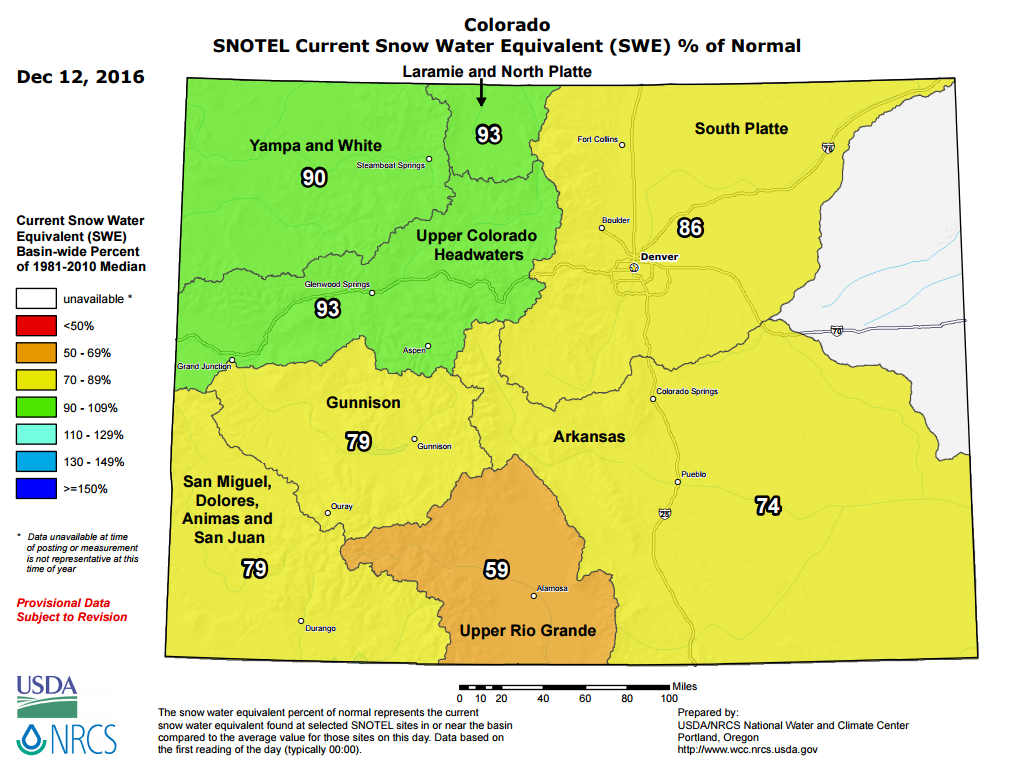 Current state of the snowpack (water content) as of December 12, 2016