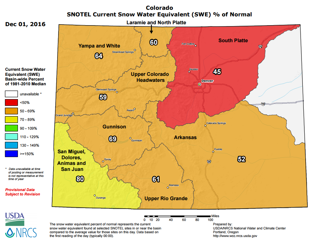 Map of Colorado snowpack as of Dec 1, 2016