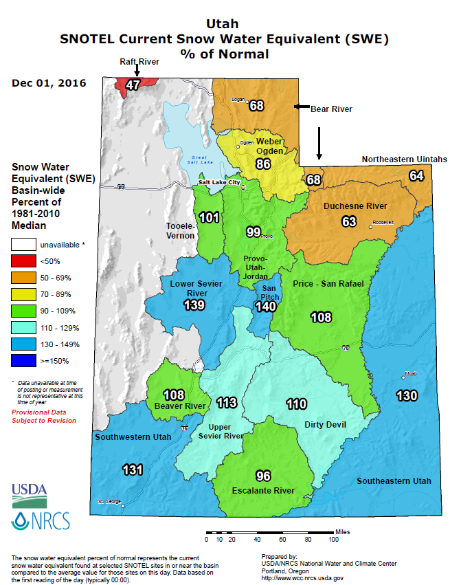Map of Utah Snowpack as of Dec 1, 2016