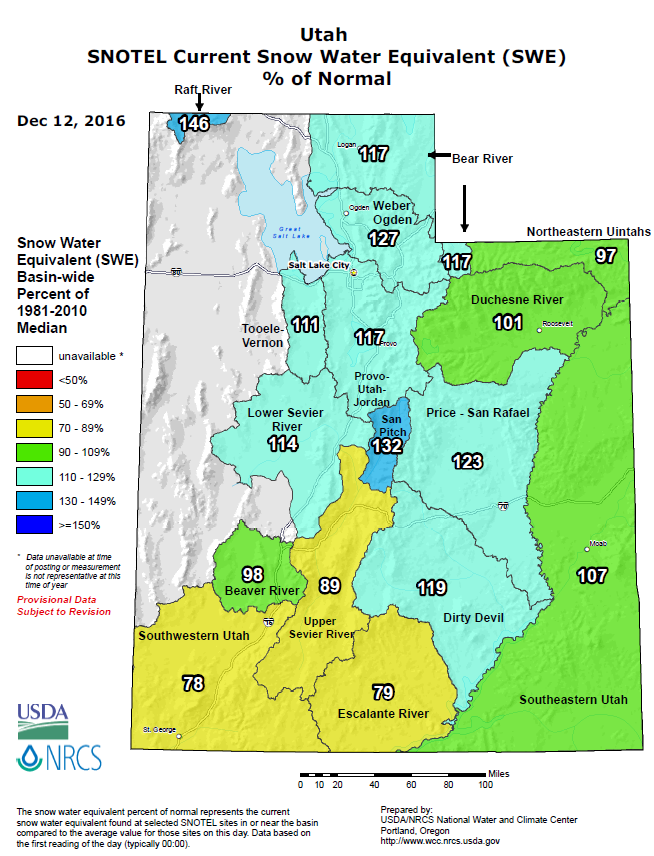 Map of Utah Snowpack as of Decemer 12, 2016