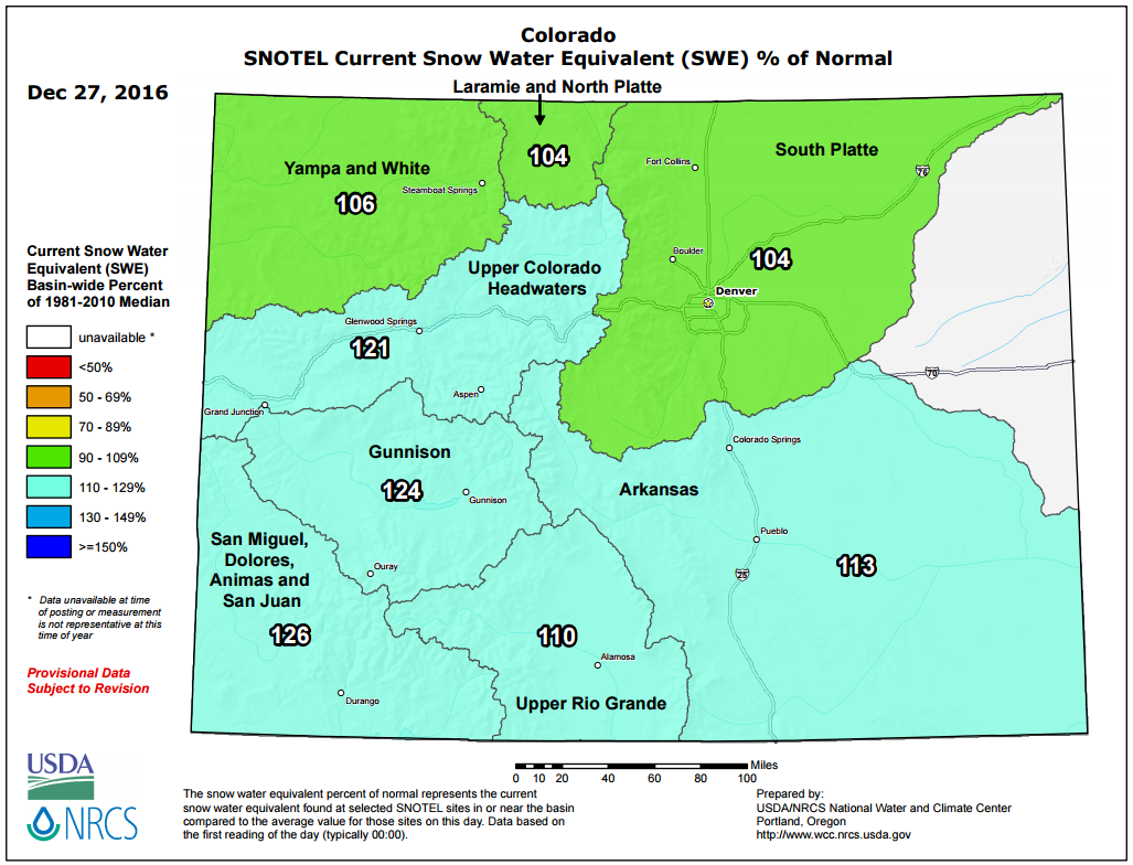 Colorado snowpack as of Dec 27, 2016