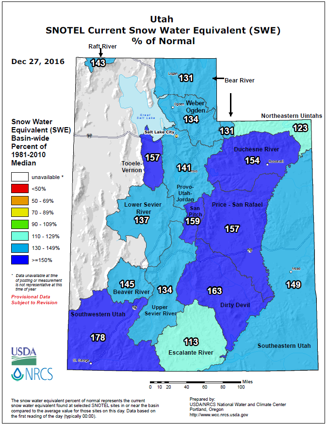 Utah Snowpack as of December 27, 2016