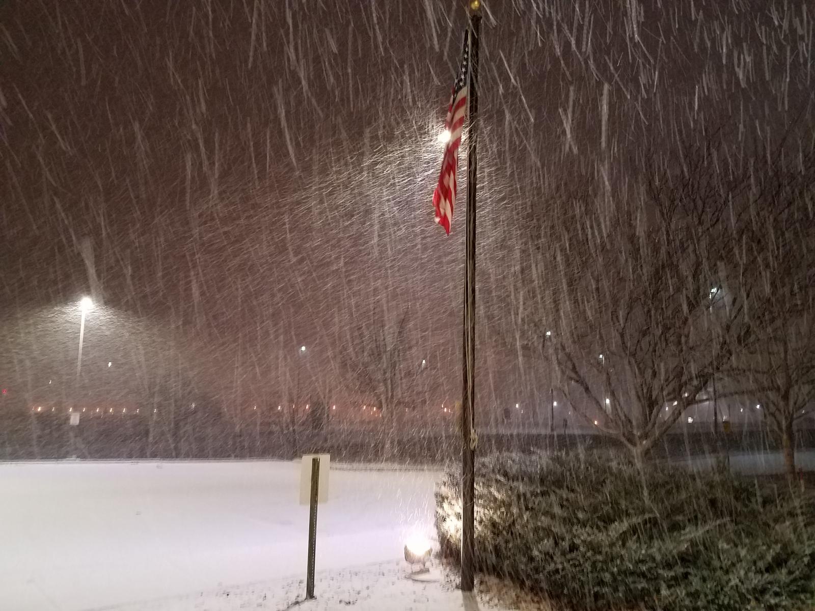 Snow falling at the Weather Forecast Office in Grand Junction