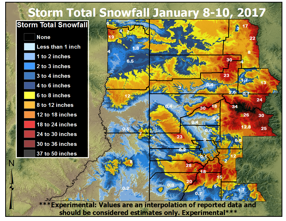 Map of snowfall from January 8 through January 10, 2017