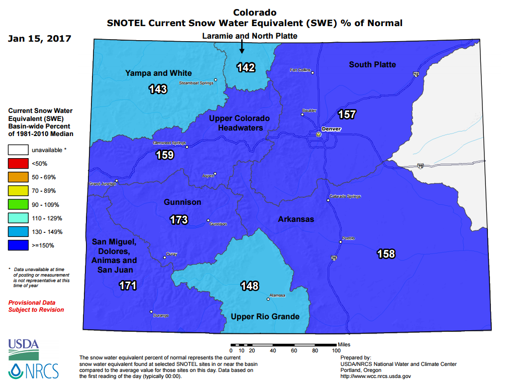 Colorado snowpack as of January 15, 2017