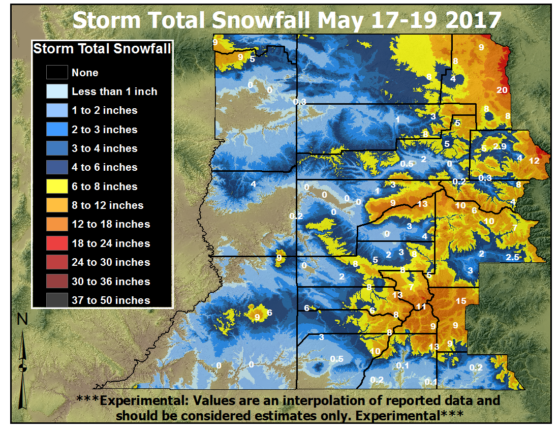 Storm Total Snowfall from May 17-19, 2017