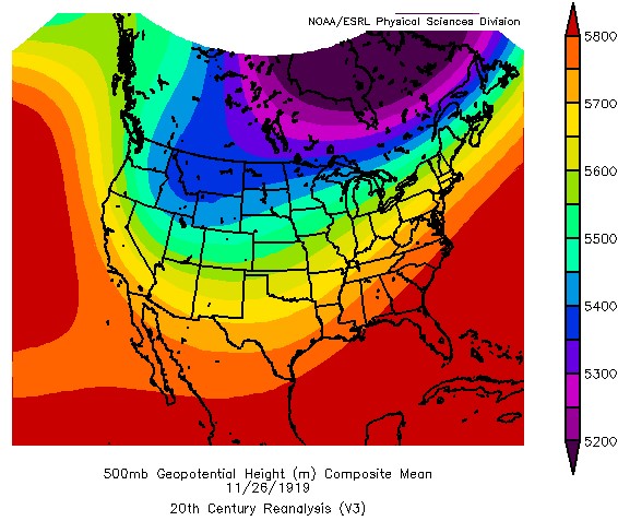 500mb Geopotential Height (m) on 11-26-1919