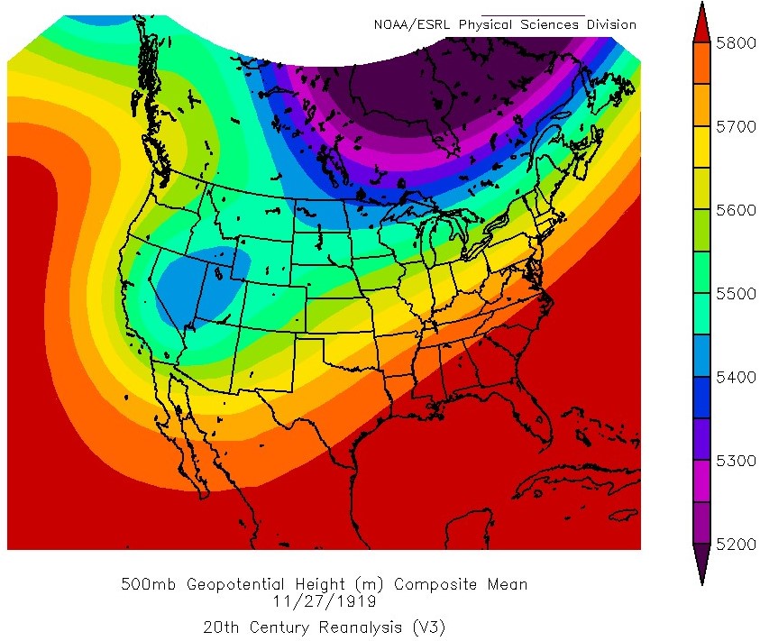 500mb Geopotential Height (m) on 11-27-1919