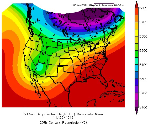 500mb Geopotential Height (m) on 11-28-1919