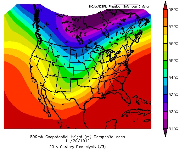 500mb Geopotential Height (m) on 11-29-1919
