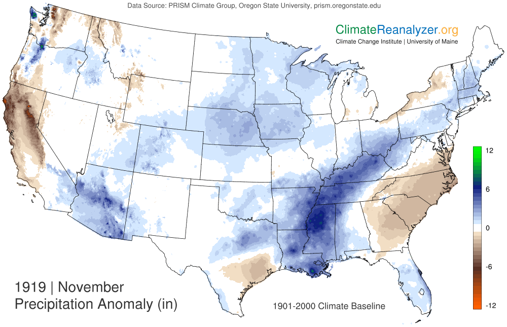 Precipitation Anomaly (in inches) for November 1919