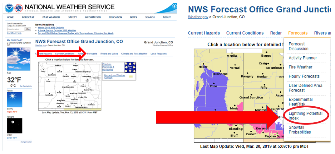 Image showing to select "Forecasts" and then the "Lightning Potential Index" to get to the LPI Page.