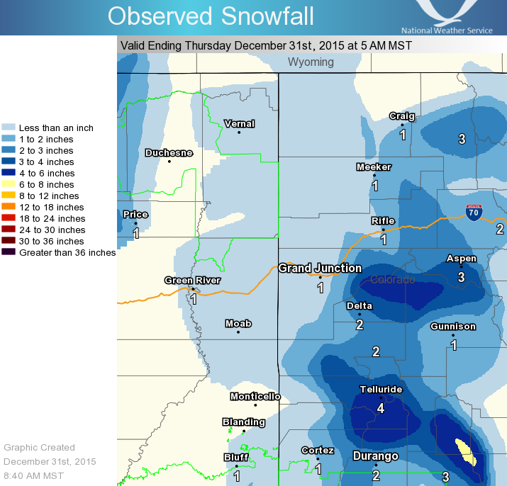 Total snowfall ending 5 am MST December 31, 2015