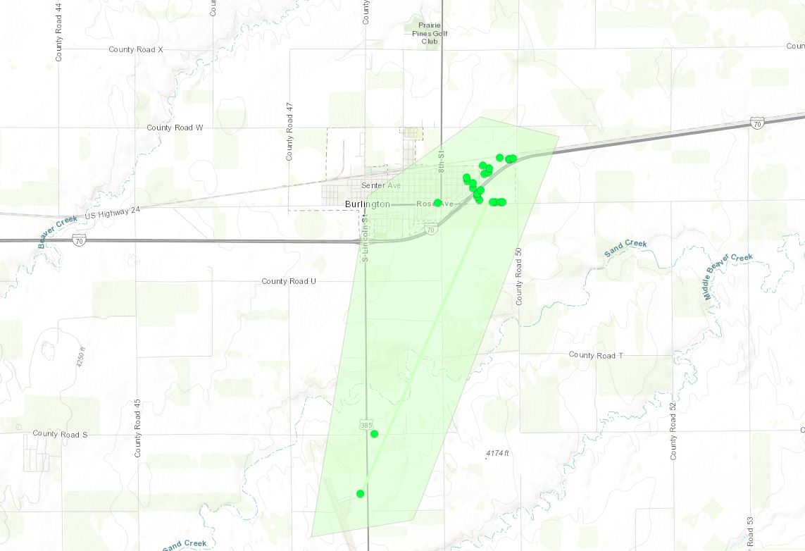 Map of microburst that impacted Burlington. Light green line indicates area of strongest winds.