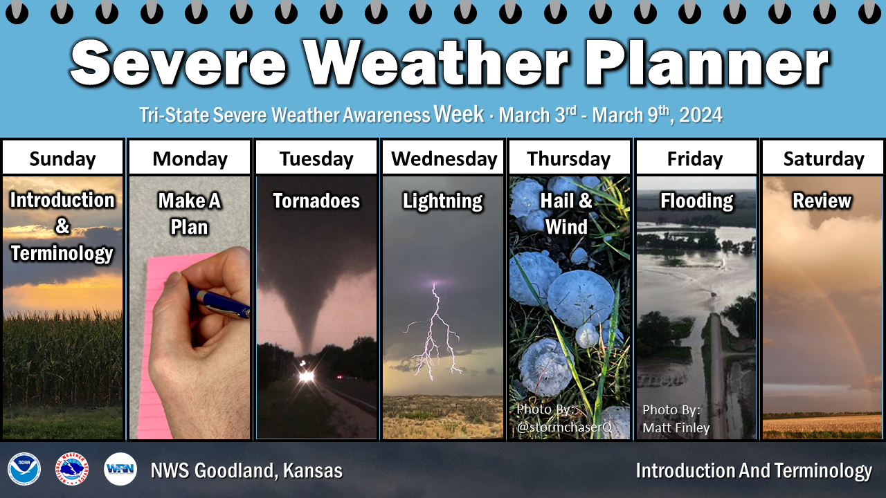 The Tri-State Severe Weather Awareness Week runs from March 3rd to March 9th. Sunday will be an Introductions, Monday will cover Make A Plan, Tuesday will be Tornadoes, Wednesday will be lightning, Thursday will be hail and wind, Friday will be flooding and Saturday will be a review.